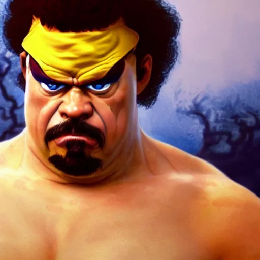 Prompt: danny mcbride as e. honda street fighter, japanese bathhouse background, ultra realistic, concept art, intricate details, highly detailed, photorealistic, octane render, 8 k, unreal engine, art by frank frazetta, simon bisley, brom