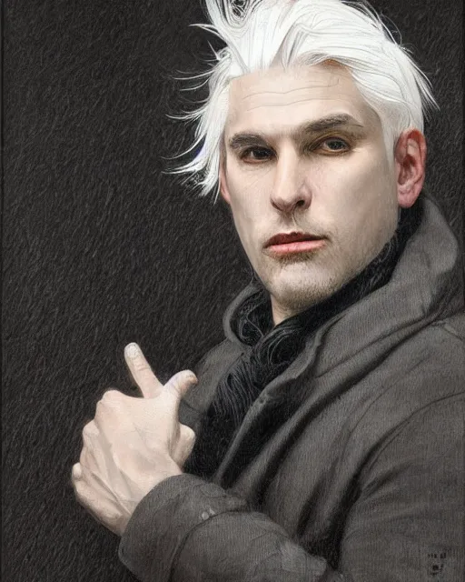 Prompt: portrait of 4 0 - year - old man with white hair with a pale complexion, pointed face and grey eyes, clear smooth face, no beard, wearing all black clothes, haughty facial expression, hyper realistic face, beautiful eyes, close up, fantasy art, in the style of greg rutkowski, intricate, alphonse mucha, hyper detailed, smooth