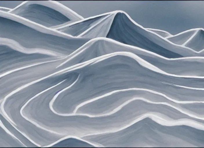 Prompt: minimalist charred rocky snowdrift landscape with slow wide contours from mulan ( 1 9 9 8 )