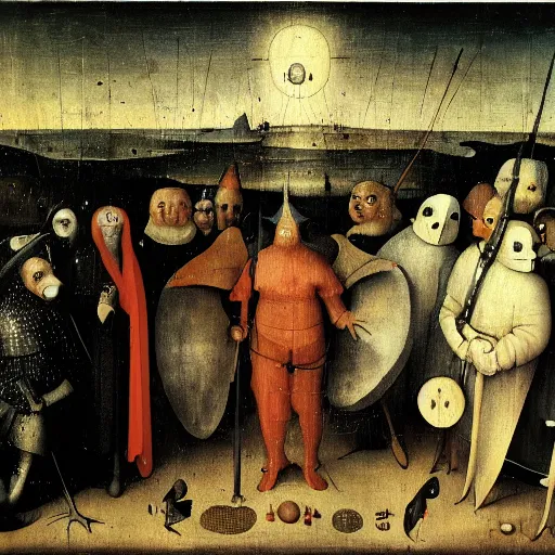 Image similar to Among Us impostor and crewmates by Hieronymus Bosch