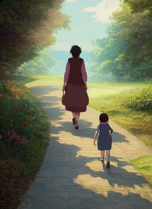 Prompt: A beautiful detailed matte painting of woman walking a path with her child, 8k resolution concept art, in style of Steve Argyle and Studio Ghibli, digital artwork, multi-color theme