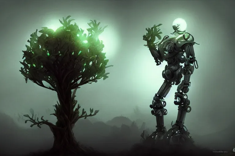 Image similar to a robotic tree humanoid, cute, dark fantasy, foggy, misty, ambient lights, dark lights, moon glow, digital art, video game character, league of legends, glows,