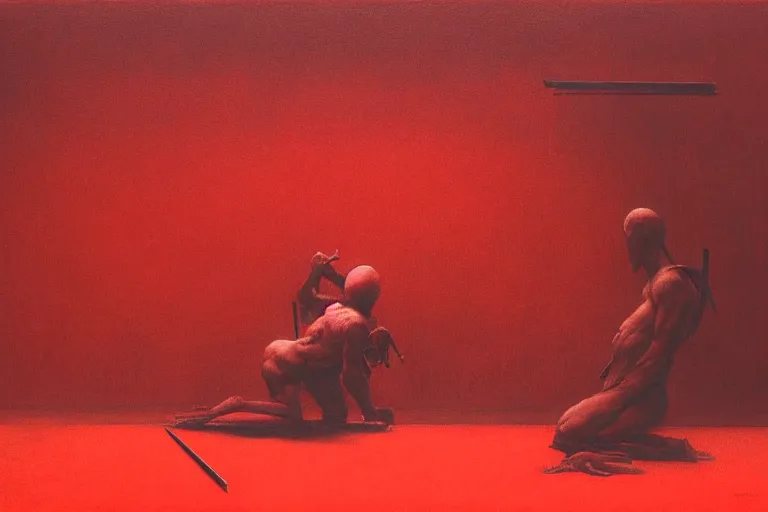 Image similar to only with red, a red samurai do seppuku, tokio, a lot of frogs watch, in the style of beksinski, parts by edward hopper, parts by rodcenko, parts by yue minjun, intricate and epic composition, red by caravaggio, insanely quality, highly detailed, masterpiece, red light, artstation, 4 k