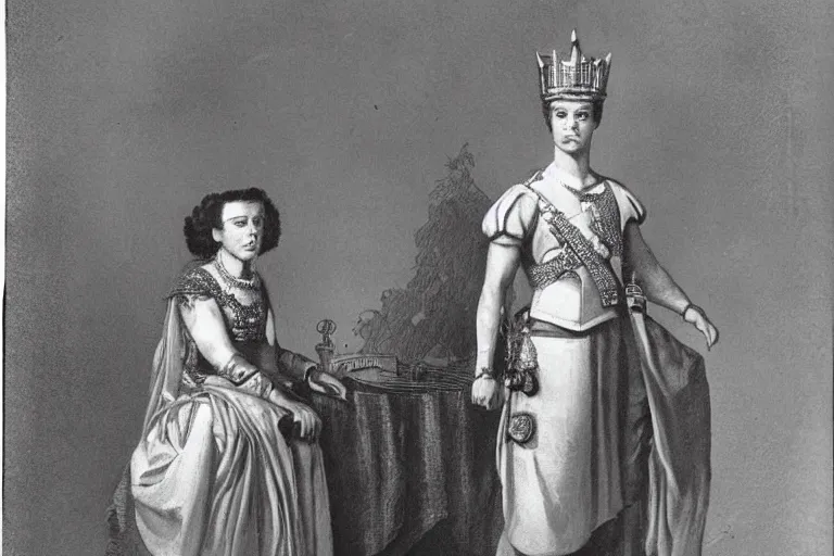 Image similar to a woman dressed as a male king in military attire, with a very feminine queen