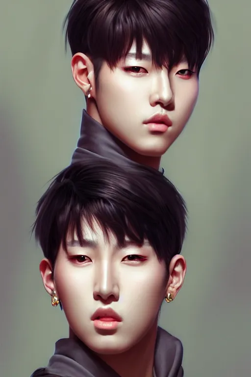 Prompt: photorealistic portrait of a young butch kpop woman, handsome, female, masculine, upper body, fantasy, fierce, sharp features, intricate, elegant, highly detailed, digital painting, artstation, concept art, matte, sharp focus, illustration, art by artgerm and greg rutkowski and alphonse mucha