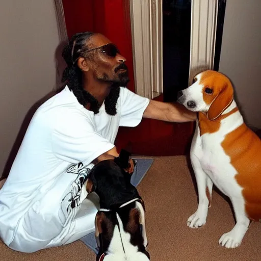 Image similar to snoop dogg looking at his reflection in the mirror but he sees a dog looking back