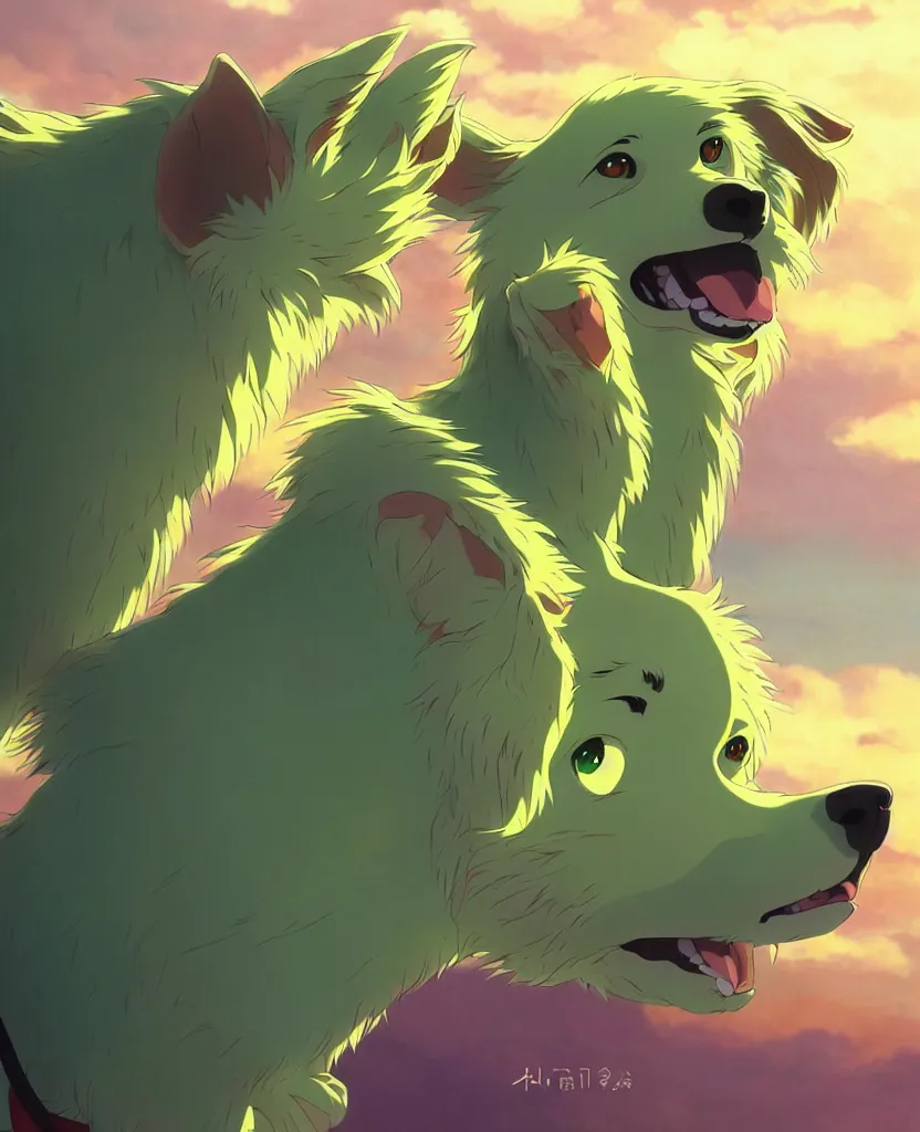 Prompt: beautiful painting from the anime film by studio ghibli, vibrant green anthropomorphic dog human hybrid wearing human clothes, golden hour, backlit, drooling, fur, trending on artstation