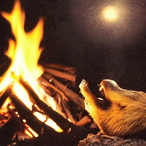 Image similar to beaver being spit roasted over a campfire at night, photograph