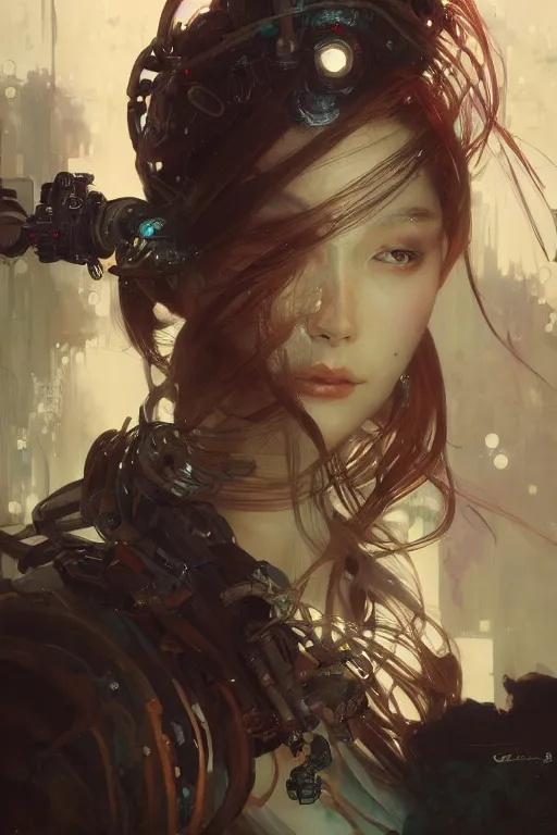 Image similar to A full portrait of a powerful beautiful futuristic dystopian junktown Japanese techromancer sorcerer enchanter, intricate, elegant, highly detailed, digital painting, artstation, concept art, smooth, sharp focus, illustration, art by Krenz Cushart and Artem Demura and alphonse mucha