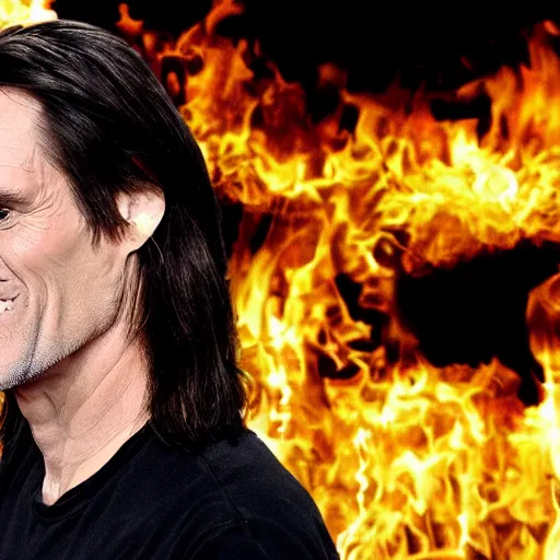 Image similar to Jim Carrey plays in a black metal band with a church on fire on the background