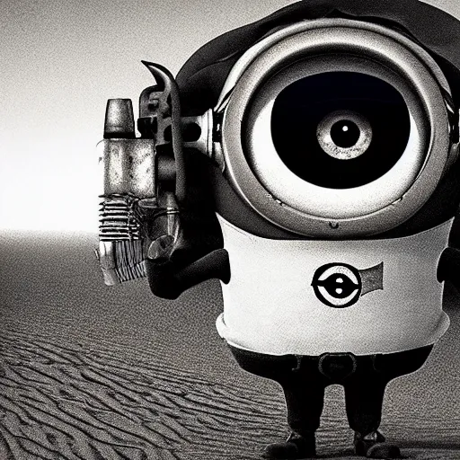 Prompt: Minion, George Miller, Photorealistic, Hyper detailed, desert, post apocalyptic, fire, dust, black and white