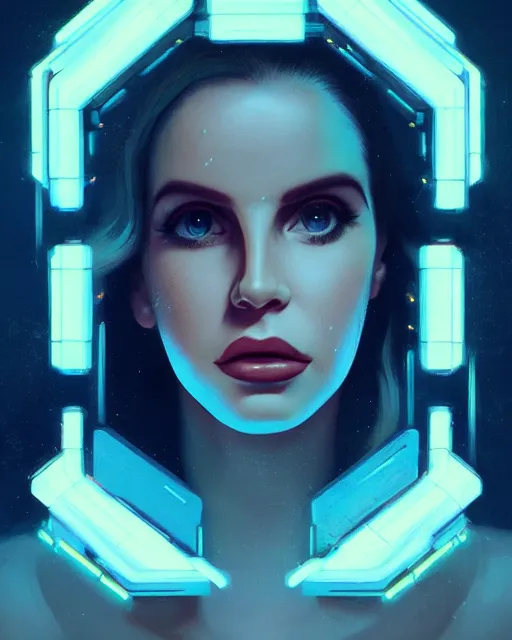 Image similar to portrait of lana del rey as a cyborg. intricate abstract. intricate artwork, by tooth wu, wlop, beeple, dan mumford. concept art, octane render, trending on artstation, greg rutkowski very coherent symmetrical artwork. cinematic, key art, hyper realism, high detail, octane render, 8 k, iridescent accents