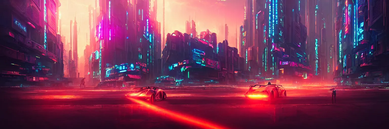 Image similar to cinematic photography of a cyberpunk desserted city during sunset, flare back lighting, cyber led neon, bokeh, rule of thirds, hyper photorealistic, crispy quality, digital photography, art by artgerm, art by greg rutkowski, art by pascal blanche,