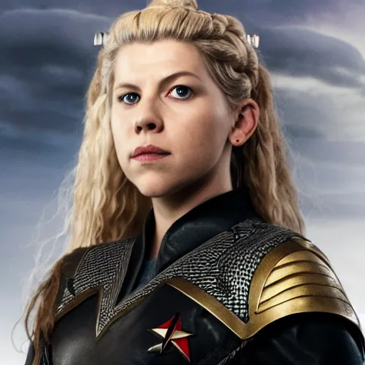 Prompt: portrait of lagertha in starfleet uniform, from the tv series vikings