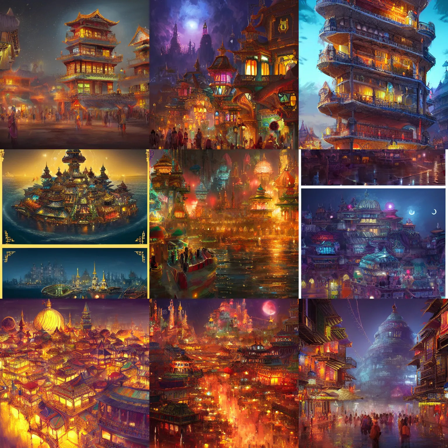 Image similar to A magical eastern civilization at night, built around ocean, full with people, a lot of lights, multi layered huge architectures. Trending on artstation