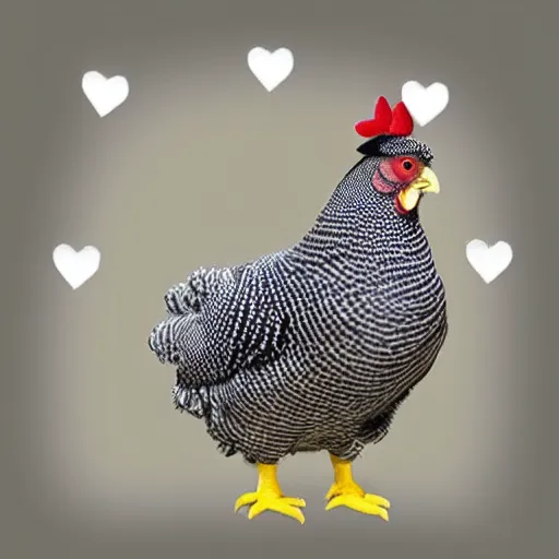 Image similar to barred Plymouth Rock chicken, studio!! lighting, dotted with white hearts!!