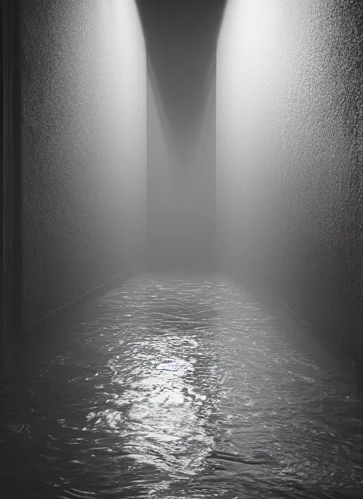 Image similar to river water rushing through an open door, a single fluorescent tube, in the style of the Dutch masters and Gregory Crewdson, dark and moody