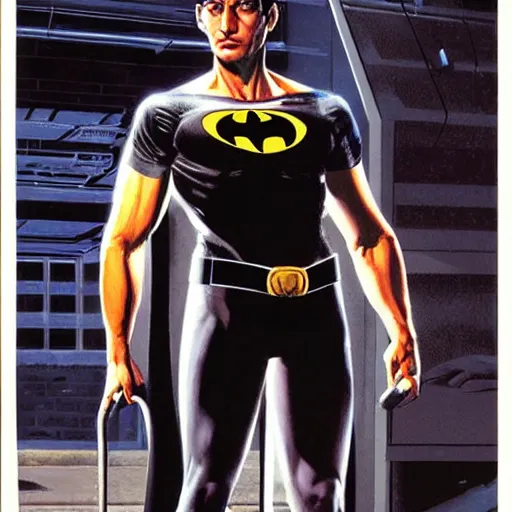 Prompt: young jeff goldblum as bruce wayne, muscular, batman t shirt, film still from chest up, joe jusko, boris vallejo