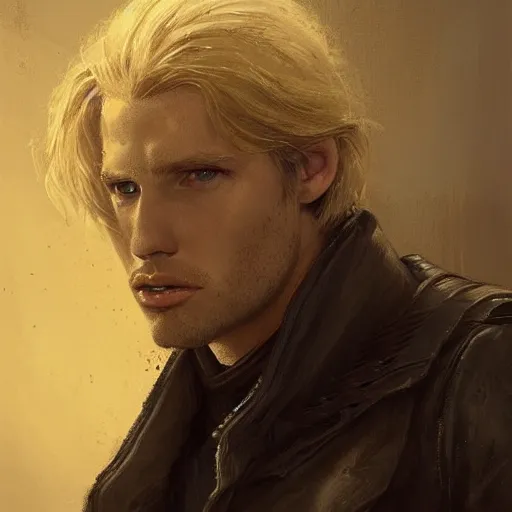 Prompt: portrait of a man by Greg Rutkowski, Cade Skywalker from Star Wars Expanded Universe, he is about 30 years old, messy blond hair, wearing a leather jacket, highly detailed portrait, digital painting, artstation, concept art, smooth, sharp foccus ilustration, Artstation HQ