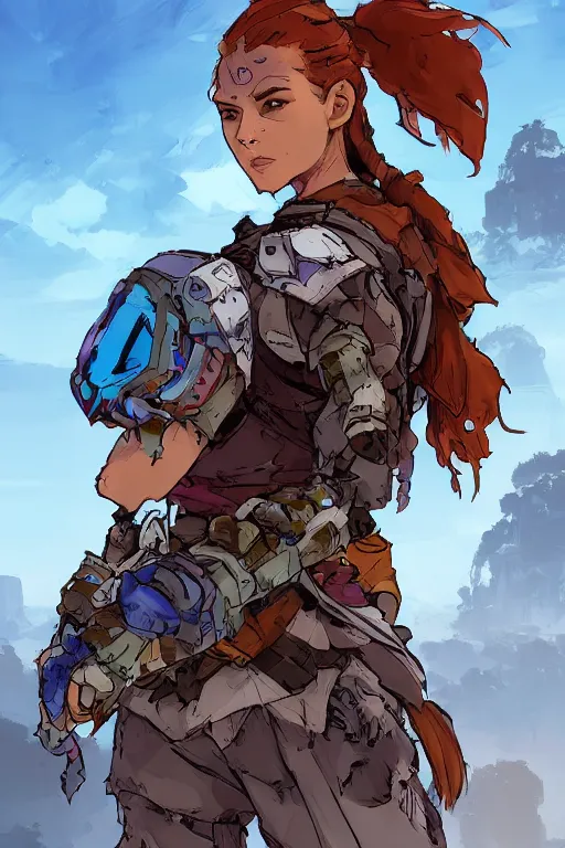 Image similar to combination suit armor aloy horizon forbidden west horizon zero dawn robot ninja mask helmet backpack tribal, art gta 5 comics, official fanart behance hd artstation by jesper ejsing, by rhads, makoto shinkai and lois van baarle, ilya kuvshinov, ossdraws radiating a glowing aura cgi rtx 2 0 2 2