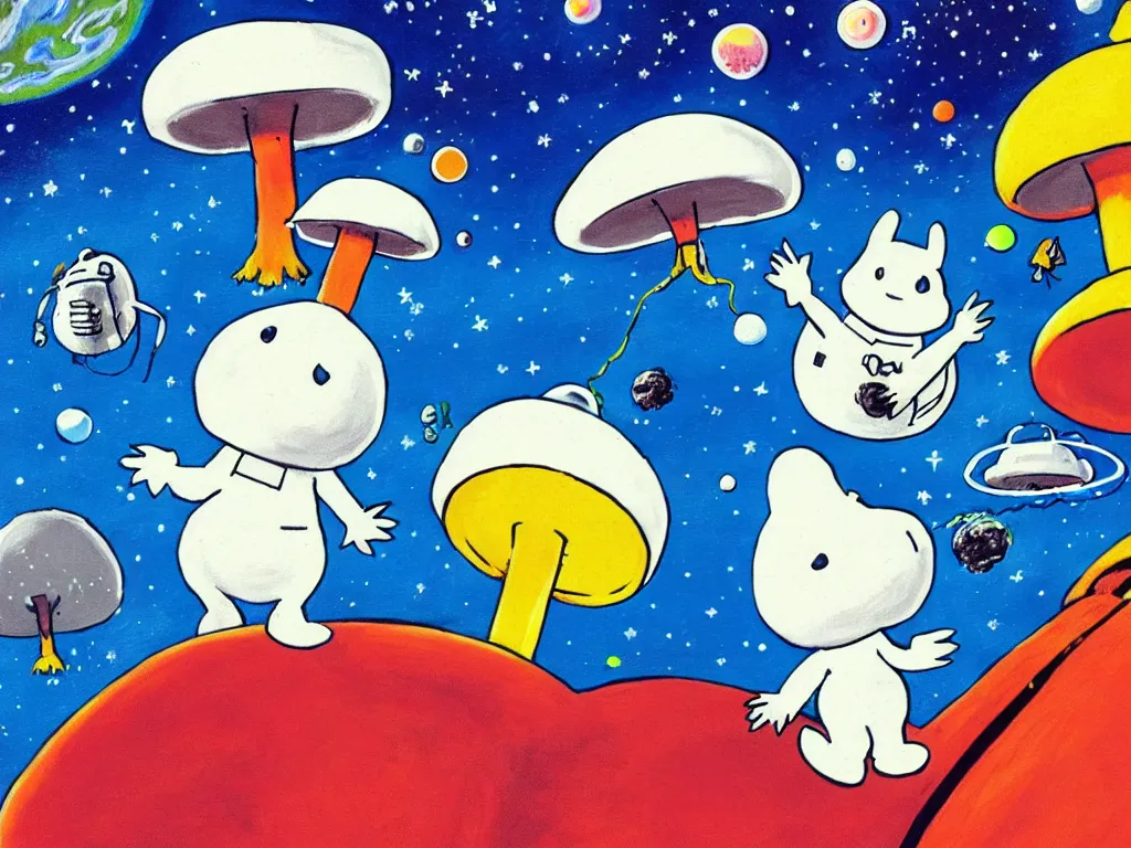 Prompt: moomins in space suits flying around with jetpacks discovering the mushroom planet, photorealistic painting