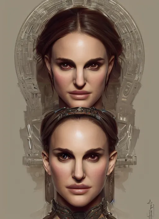 Image similar to symmetry!! portrait of natalie portman in the style of horizon zero dawn, machine face, intricate, elegant, highly detailed, digital painting, artstation, concept art, smooth, sharp focus, illustration, art by artgerm and greg rutkowski and alphonse mucha, 8 k