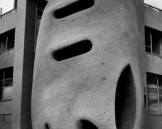 Image similar to by szukalski, francis bacon, vivian maier, mystical redscale photography evocative. a brutalist concrete carved sculpture of the birth of the machine intelligence, standing in a city center.