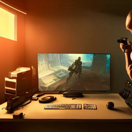 Image similar to realistic man using pc in gaming room, artstation trends, sci fi concept art, highly detailed, intricate, sharp focus, digital art, 8 k