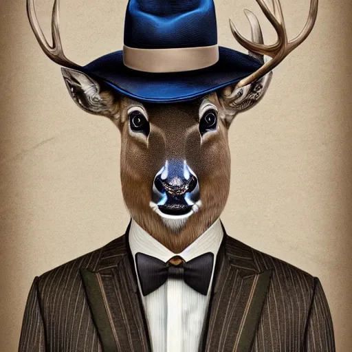 Image similar to a upper body portrait of a deer in a pinstriped suit and pants wearing a fedora with the antlers sticking out of the fedora by artgerm and wlop, intricate detail, digital art, photorealistic, trending on artstation