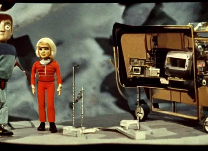 Image similar to a scene from a 1 9 7 0 s british sci - fi tv programme by the bbc and gerry anderson, supermarionation, vhs distortion, folk horror, hauntology