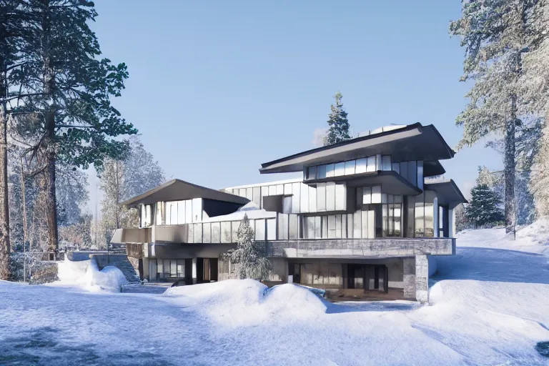 Image similar to modern modern fachwerk house with in the forest on the foot of Elbrus mountain covered by snow on the background, architecture, 3d render 8k , high details