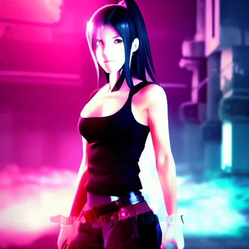 Image similar to tifa lockhart synthwave style volumetric lighting