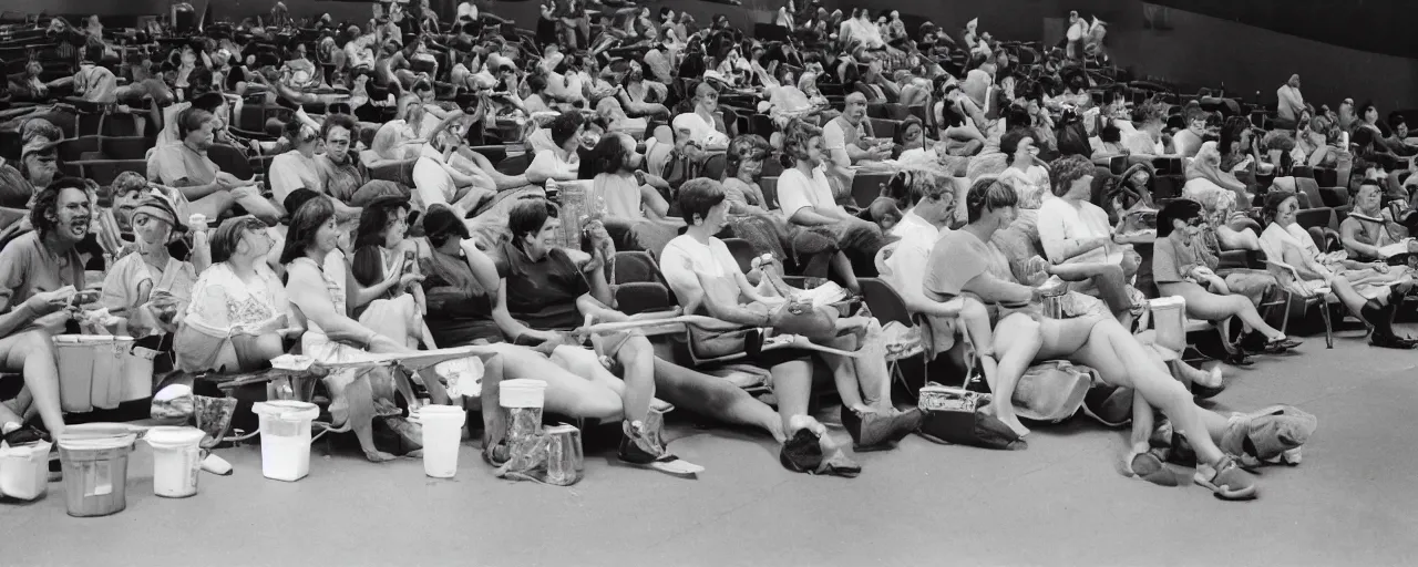 Prompt: a group at the movies snacking on a spaghetti container, stadium seating, kodachrome