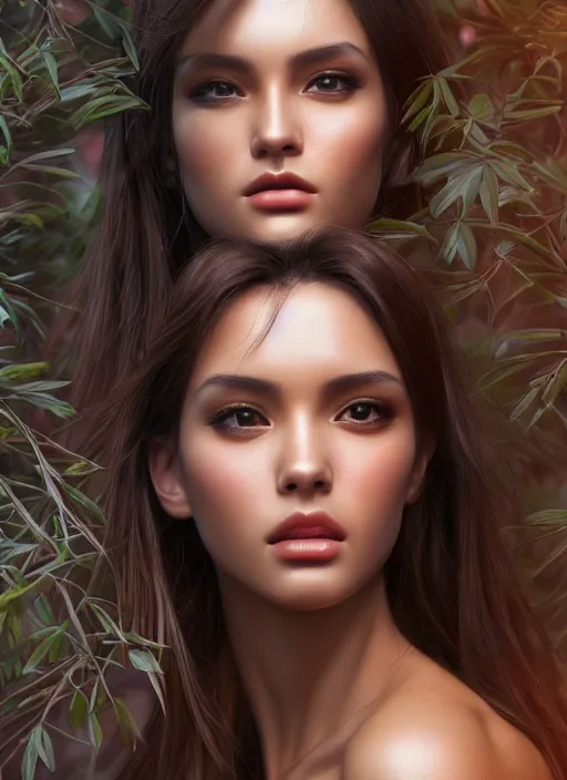 Image similar to photo of a gorgeous female in the style of stefan kostic, realistic, half body shot, sharp focus, 8 k high definition, insanely detailed, intricate, elegant, art by stanley lau and artgerm, extreme bokeh foliage