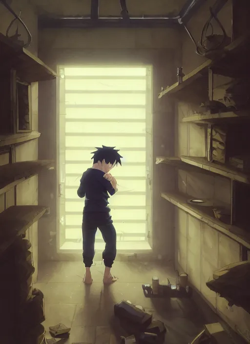 Image similar to highly detailed prison cell with naruto uzumaki with black hair, bars in window, powerfully hitting a wall, art by greg rutkowski, loish, rhads, ferdinand knab, makoto shinkai and lois van baarle, ilya kuvshinov, rossdraws, tom bagshaw, global illumination, radiant light, detailed and intricate environment