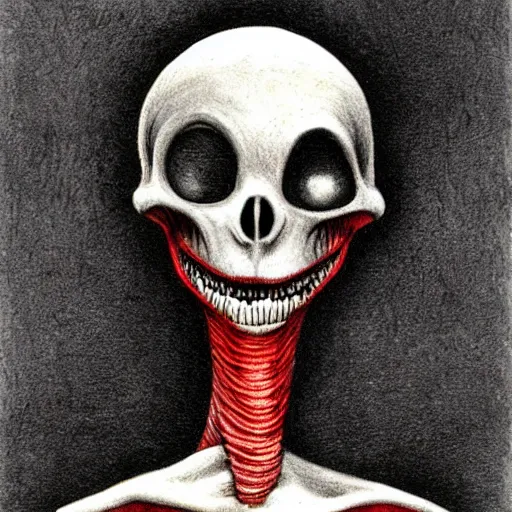 Image similar to humanoid with crooked teeth, two black eyes, long open black mouth, alien looking, big forehead, horrifying, killer, creepy, dead, looking straight forward, realistic, slightly red, long neck, boney, monster, tall, skinny, skullish, deathly, in the style of alfred kubin