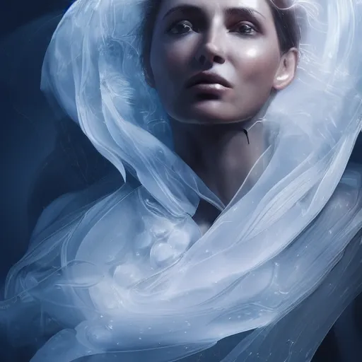 Prompt: a highly detailed digital image of a shattering futuristic woman elegantly wrapped in a cloud, by Andrea Chiampo, artstation and Frederik Heyman, extremely detailed woman, stunning volumetric lighting, hyper realism, fantasy 4k