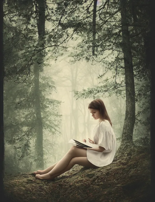 Prompt: Girl in white reading a book sitting on a tree in a foggy forest, Cinematic focus, Polaroid photo, vintage, neutral colors, soft lights, by Steve Hanks, by Serov Valentin, by lisa yuskavage, by Andrei Tarkovsky 8k render, detailed, oil on canvas