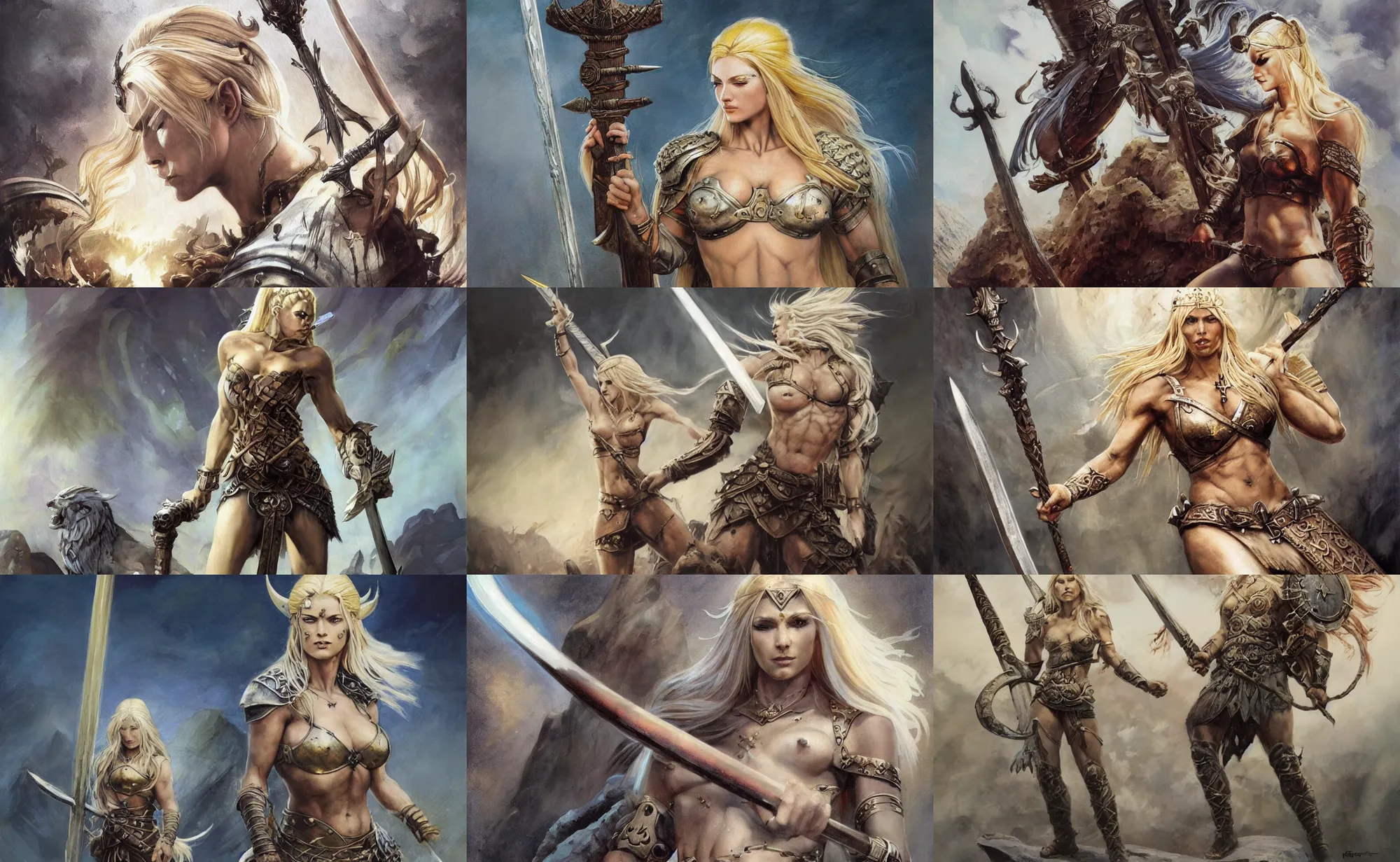 Image similar to A mixed media painting of the beautiful blonde viking goddess of war with a lightning sword, very aesthetic, detailed face, by Frank Frazetta, Greg Rutkowski, Boris Vallejo, Beeple, Christian MacNevin, epic fantasy character art, goddess of anger, viking runes, high fantasy, CGsociety, full length, exquisite detail, post-processing, low angle, masterpiece, cinematic, odin's stone arena background