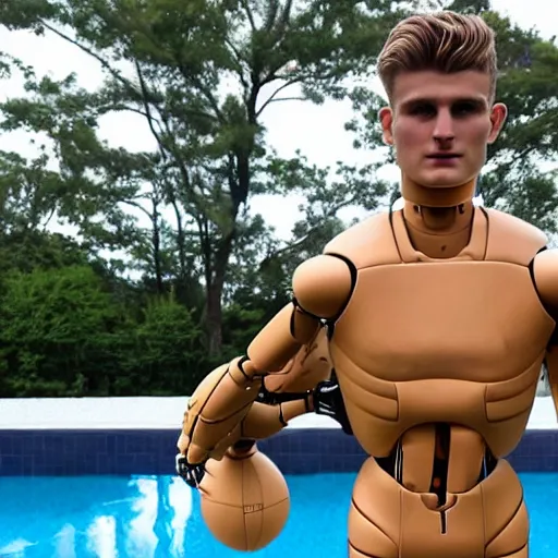 Image similar to a realistic detailed photo of a guy who is an attractive humanoid who is half robot and half humanoid, who is a male android, soccer player timo werner, shiny skin, posing like a statue, blank stare, by the pool, on display, showing off his muscles, humanoid robot, frozen ice statue, made of ice