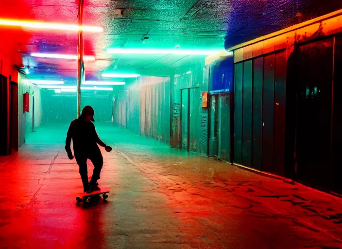 Image similar to a silhouetted person with long, flowing hair rides a skateboard through an empty neon - lit brutalist city in the rain, colored gel lighting, reflective surfaces, midnight, portra, film grain, high contrast, hyperdetailed, chromatic aberration, reminiscent of blade runner, dynamic pose