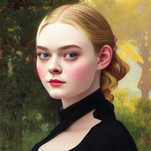 Image similar to a vintage portrait painting of elle fanning in prey wearing a black baclava, highly detailed, art by tristan eaton and artgerm and william - adolphe bouguereau