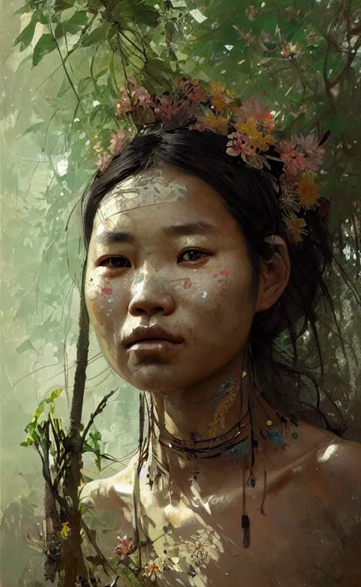 Image similar to detailed portrait of a tribal woman with asian eyes and thick lip forest girl, flowers and trees, by ismail inceoglu dragan bibin hans thoma greg rutkowski alexandros pyromallis nekro rene maritte illustrated, perfect face, fine details, realistic shaded, fine - face, pretty face