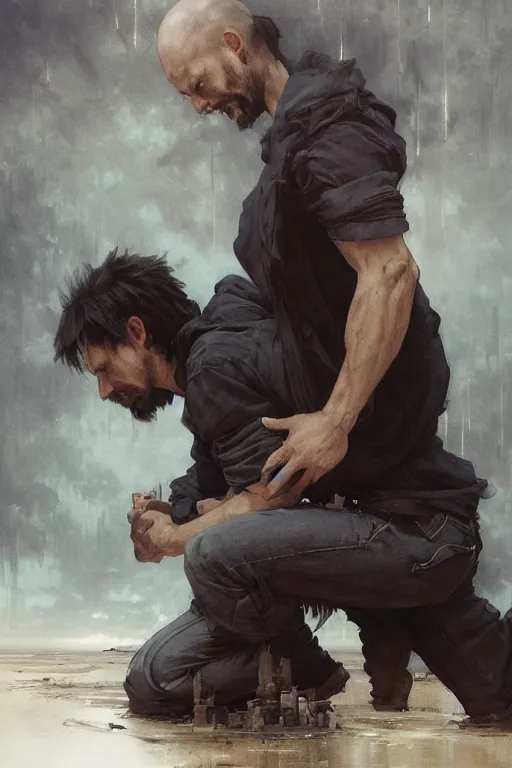 Image similar to man kneeling at the foot of a wooden cross, dramatic lighting art by Yoji Shinkawa by Richard Schmid by greg rutkowski by Sandra Chevrier by Jeremy Lipking cinematic dramatic, by frank miller, illustration by Ruan Jia and Mandy Jurgens and William-Adolphe Bouguereau, Artgerm, 4k, digital art, surreal, space dandy style, highly detailed, godsend, artstation, digital painting, concept art, smooth, sharp focus, illustration by Ruan Jia and Mandy Jurgens and William-Adolphe Bouguereau, Artgerm