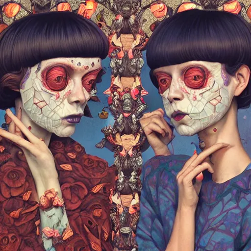 Prompt: creepy twins:: by Martine Johanna and Simon Stålenhag and Chie Yoshii and Casey Weldon and Guillermo del toro :: ornate, dynamic, particulate, intricate, elegant, highly detailed, centered, artstation, smooth, sharp focus, octane render, 3d