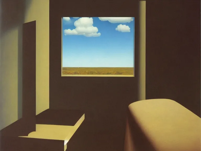 Image similar to room with clouds painted on the walls, painting by rene magritte, centered, high detail, high resolution