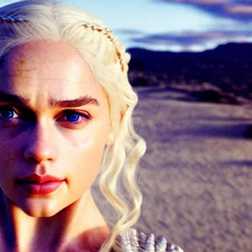 Image similar to a selfie of daenerys targaryen played by taylor swift, smooth skin, purple eye color, ethereal beauty, medium shot, detailed eyes, vivid, golden hour