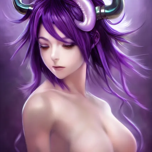 Prompt: beautiful anime woman with purple hair, a horn! on her forehead, a horn on her head, one horn, a single horn, purple eyes, a purple tuxedo, sharp focus, intricate, cell shaded, award winning photography, cinematic, digital painting, cinematic, wlop, 8 k, by ross tran, tom bagshaw
