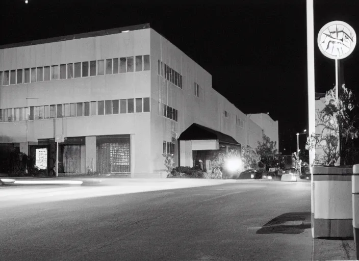 Image similar to a building seen from a dark parking lot in los angeles at night. 1 9 9 0 urban photography