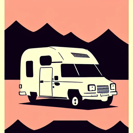 Image similar to stylized line art graphic of a white and black cute thor chateau! motorhome camper!!, mountains, colorful sunset!!, retro line art by tom whalen